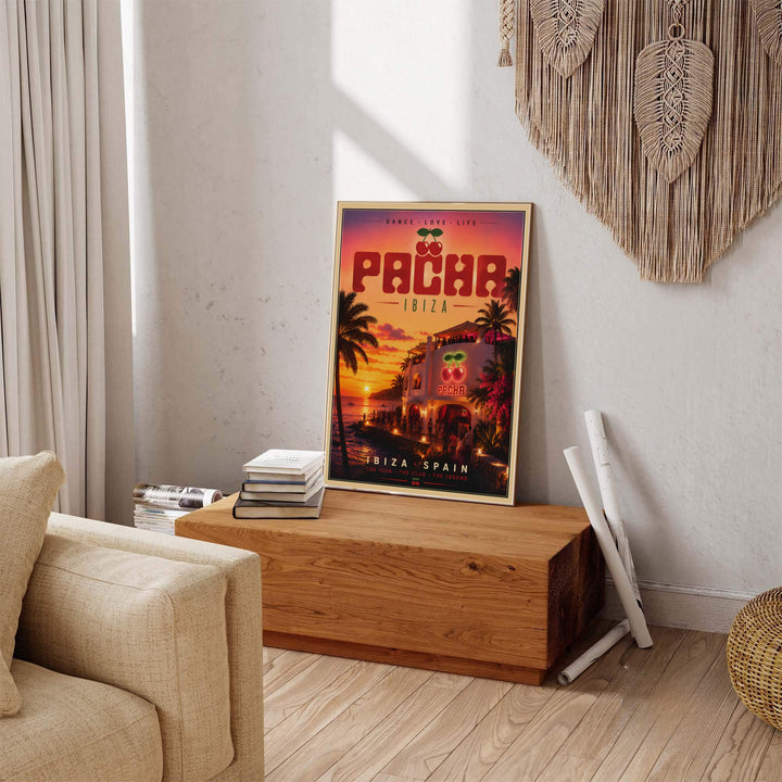 Retro summer vacation print illustrating Pacha Ibiza club exterior in Spain surrounded by palm trees and ocean waters at dusk, crafted by MapYourDreams as an unframed poster, stretched gallery canvas, or custom framed poster for home office decoration.