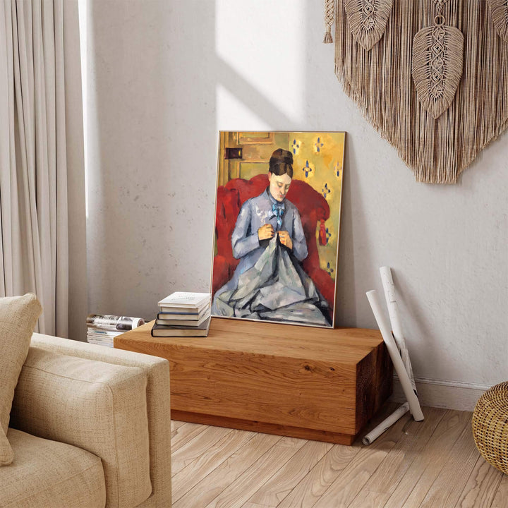 French Post-Impressionist portrait print of Paul Cezanne Madame Cezanne Sewing 1877 featuring an elegant blue bow in Paris France. Explore ready-to-hang framed wall art, unframed paper prints, and gallery canvas decor available directly from MapYourDreams online store.