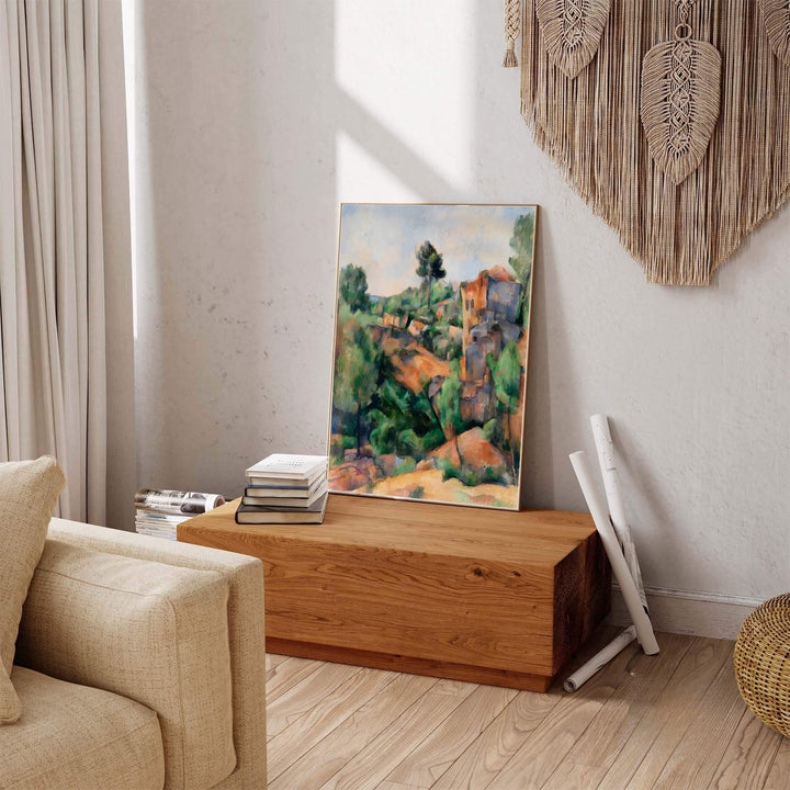 French Post-Impressionist landscape print of Paul Cezanne Bibemus Quarry 1895 featuring tall green pine trees in Aix-en-Provence France. Explore ready-to-hang framed wall art, unframed paper prints, and gallery canvas decor available directly from MapYourDreams online store.