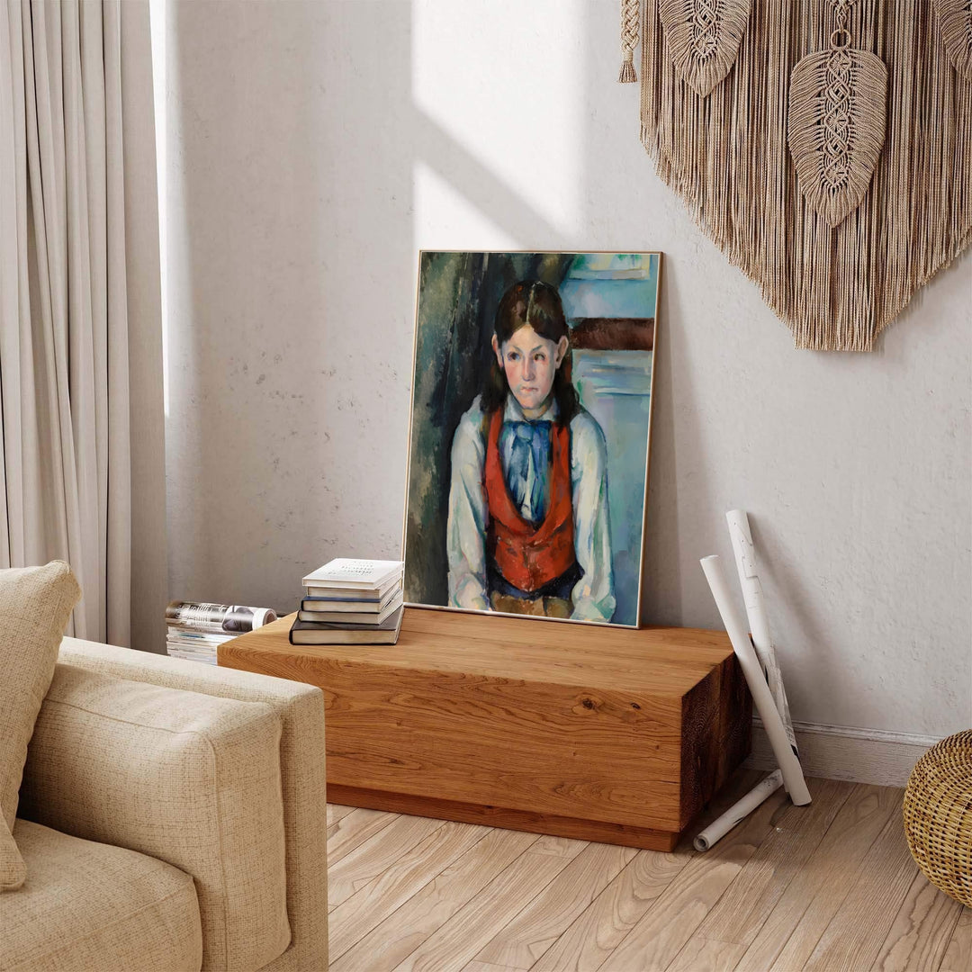 French Post-Impressionist portrait print of Paul Cezanne Boy In A Red Vest 1888 featuring a striking red waistcoat in Paris France. Explore ready-to-hang framed wall art, unframed paper prints, and gallery canvas decor available directly from MapYourDreams online store.