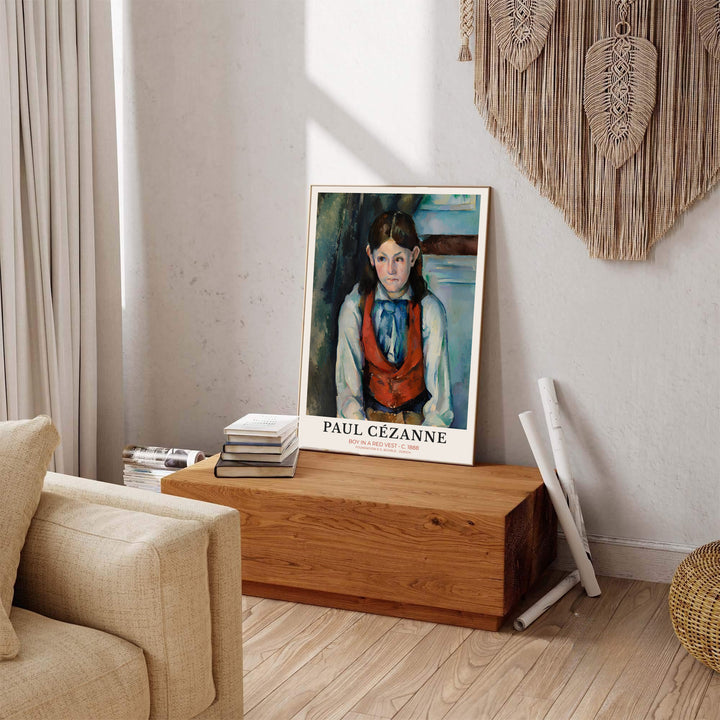 French Post-Impressionist exhibition portrait print of Paul Cezanne Boy In Red Vest 1888 featuring a striking red waistcoat in Paris France. Explore ready-to-hang framed wall art, unframed paper prints, and gallery canvas decor available directly from MapYourDreams online store.
