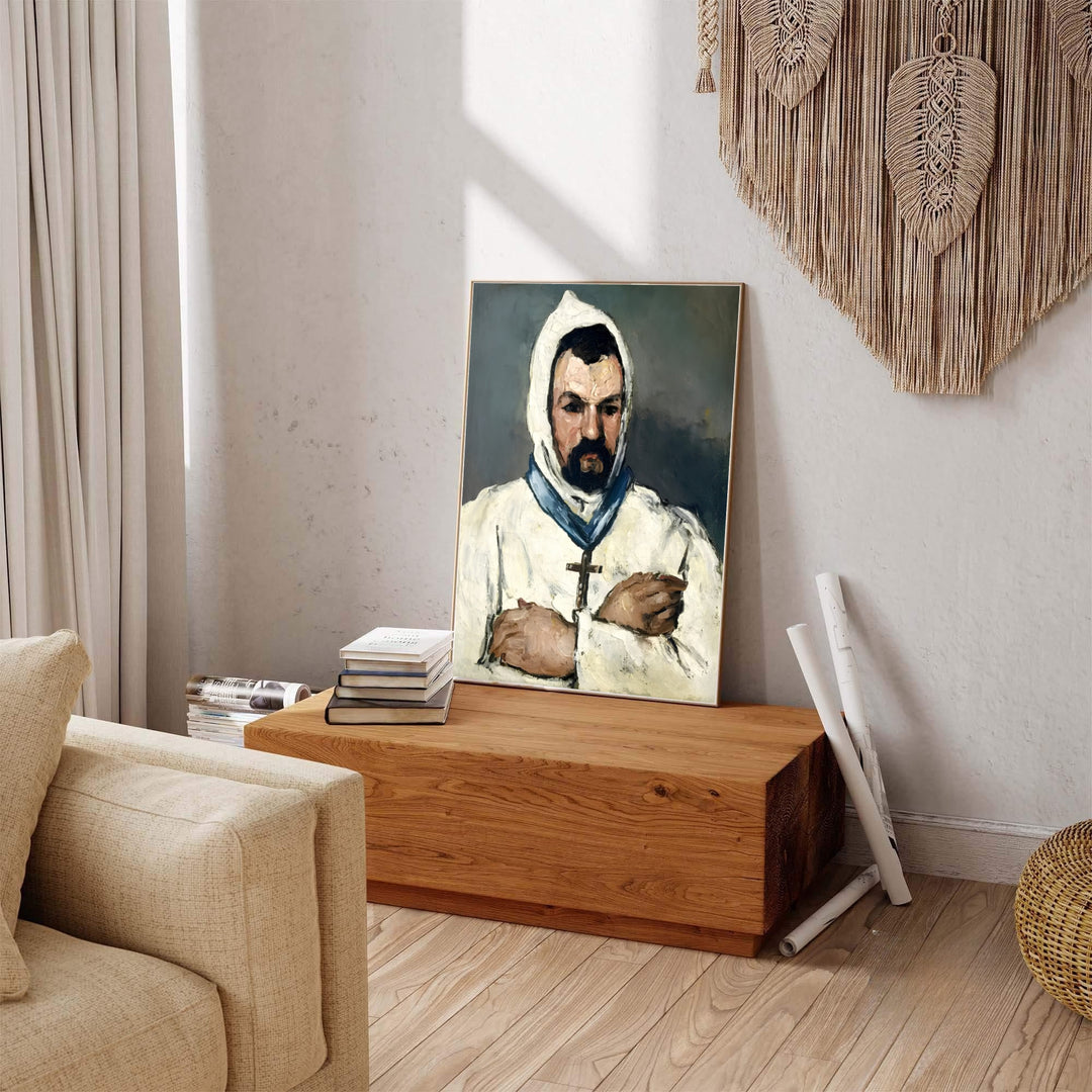 French Post-Impressionist portrait print of Paul Cezanne Uncle Dominique As A Monk 1866 featuring a cowl and cross in Aix-en-Provence France. Explore ready-to-hang framed wall art, unframed paper prints, and gallery canvas decor available directly from MapYourDreams store.