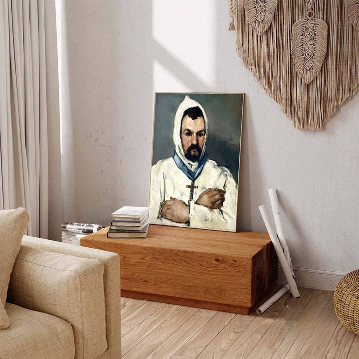 French Post-Impressionist portrait print of Paul Cezanne Uncle Dominique As A Monk 1866 featuring a cowl and cross in Aix-en-Provence France. Explore ready-to-hang framed wall art, unframed paper prints, and gallery canvas decor available directly from MapYourDreams store.
