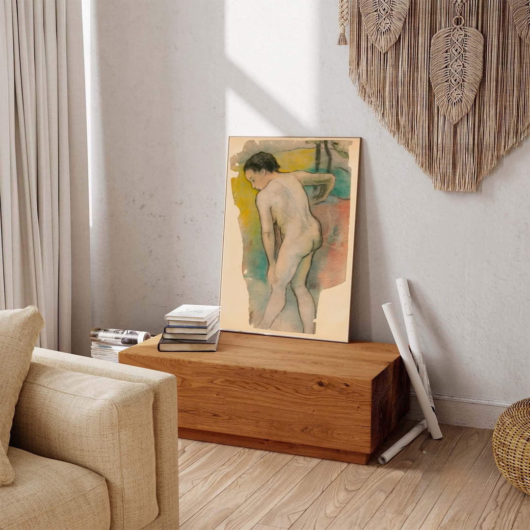 French figure study print of Paul Gauguin Breton Bather 1886 featuring soft yellow and pink hues in Pont-Aven, Brittany, France. Explore ready-to-hang framed wall art, unframed paper prints, and gallery canvas decor available directly from MapYourDreams online store.