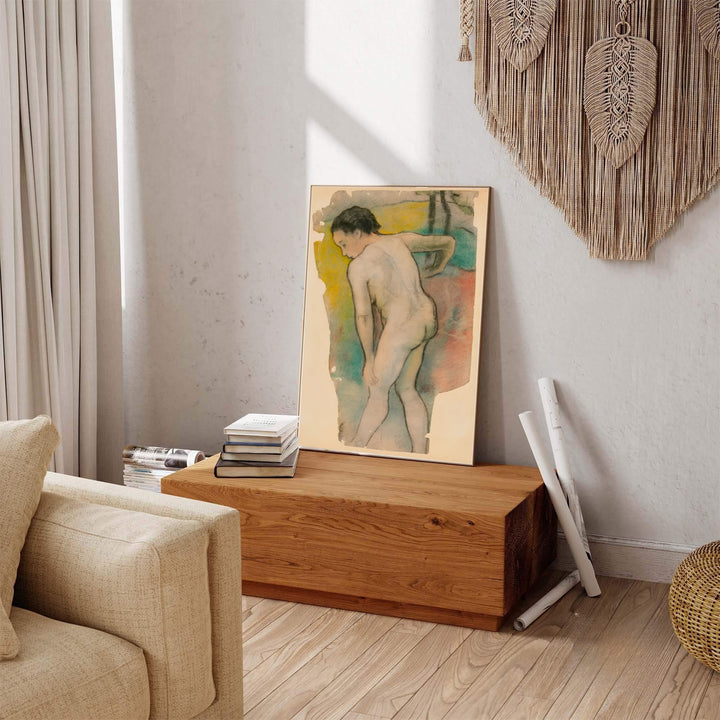 French figure study print of Paul Gauguin Breton Bather 1886 featuring soft yellow and pink hues in Pont-Aven, Brittany, France. Explore ready-to-hang framed wall art, unframed paper prints, and gallery canvas decor available directly from MapYourDreams online store.