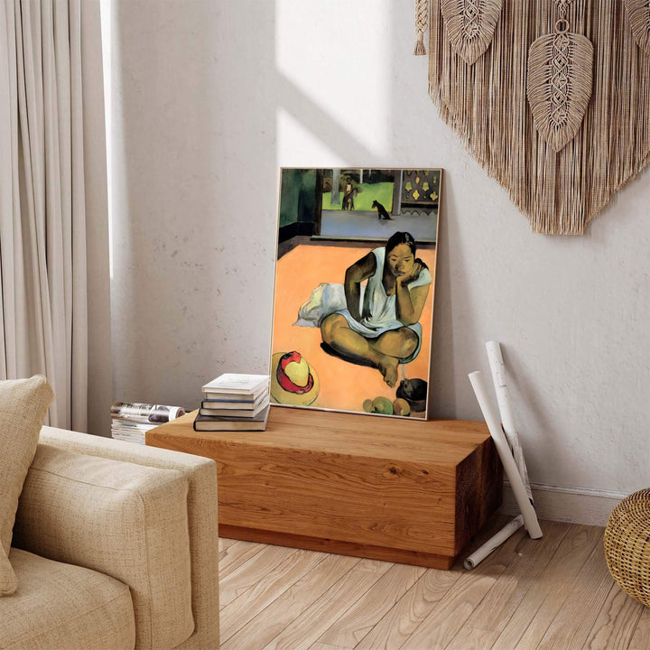 French island portrait fine art print of Paul Gauguin Brooding Woman Te Faaturuma 1891 featuring a sunny courtyard in Tahiti French Polynesia. Explore ready-to-hang framed wall art, unframed paper prints, and gallery canvas decor available directly from MapYourDreams online store.