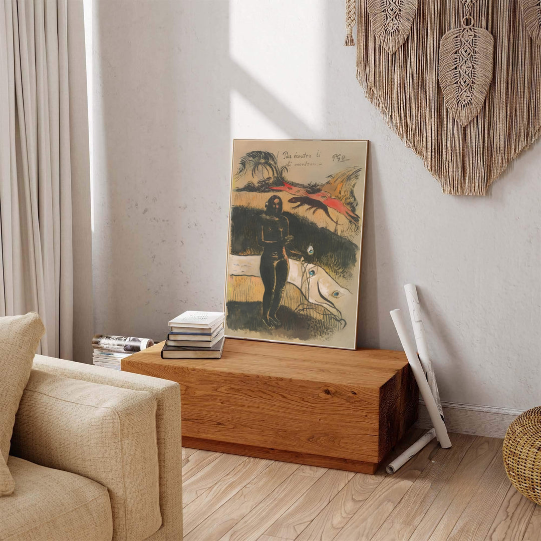 French colonial era woodcut art print of Paul Gauguin Delightful Land Nave Nave Fenua 1894 featuring exotic flora from Tahiti, French Polynesia. Explore ready-to-hang framed wall art, unframed paper prints, and gallery canvas decor available directly from MapYourDreams online store.