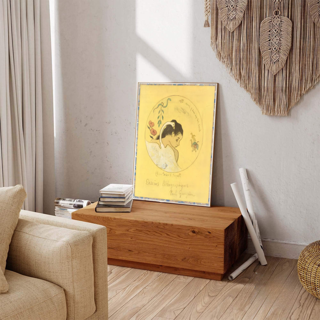 French post-impressionist art print of Paul Gauguin Design For A Plate 1889 featuring a swan and female portrait from Brittany, France. Explore ready-to-hang framed wall art, unframed paper prints, and gallery canvas decor available directly from MapYourDreams online store.