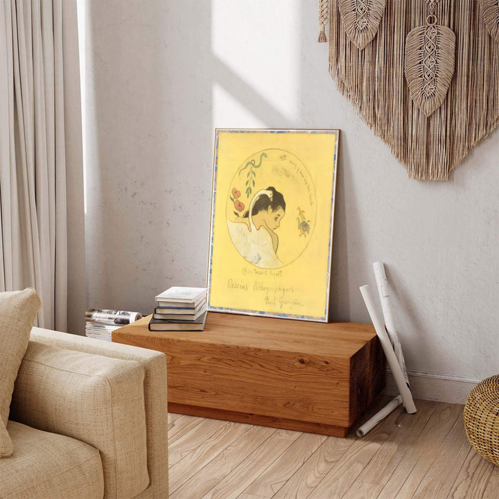 French post-impressionist art print of Paul Gauguin Design For A Plate 1889 featuring a swan and female portrait from Brittany, France. Explore ready-to-hang framed wall art, unframed paper prints, and gallery canvas decor available directly from MapYourDreams online store.