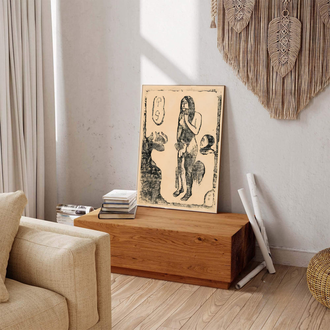 French island era woodcut art print of Paul Gauguin Eve Suite Of Late Woodblocks 1898 featuring raw carved relief from Tahiti, French Polynesia. Explore ready-to-hang framed wall art, unframed paper prints, and gallery canvas decor available directly from MapYourDreams online store.