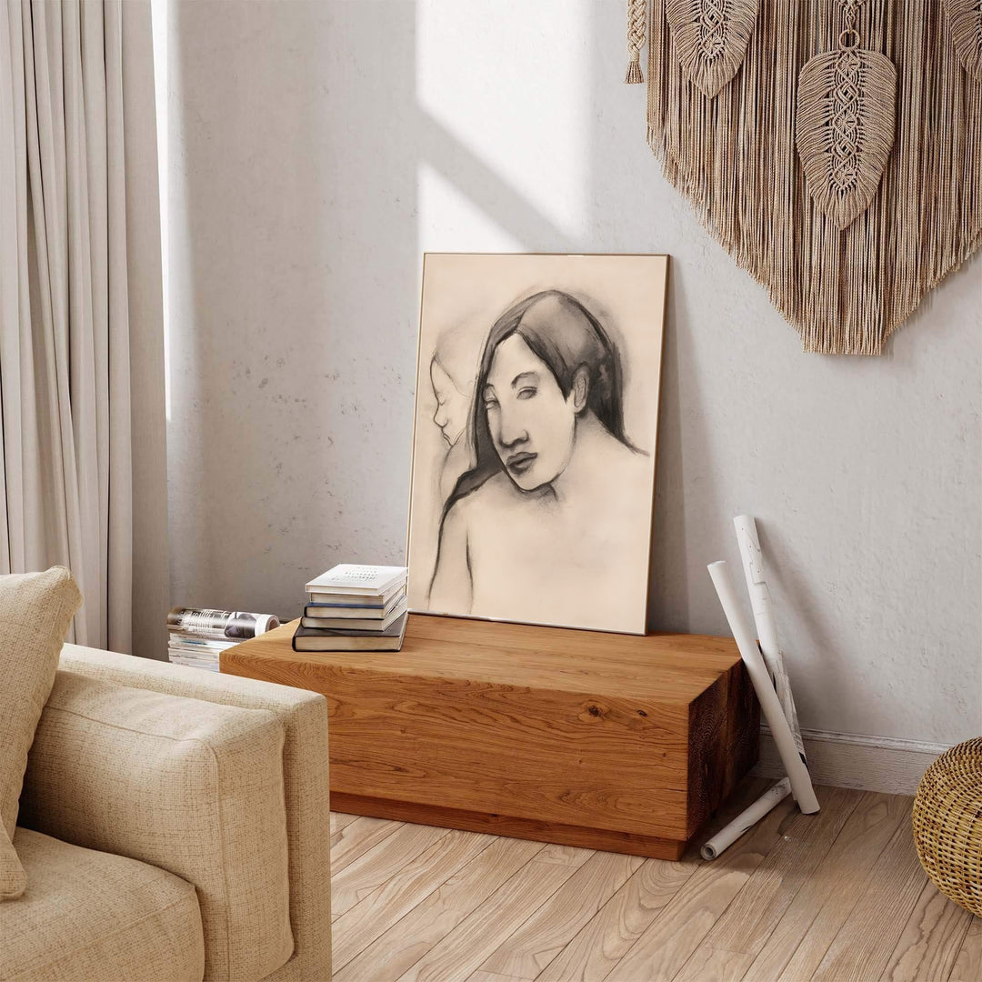 French island era sketch art print of Paul Gauguin Heads Of Tahitian Women 1891 featuring soft charcoal lines from Tahiti, French Polynesia. Explore ready-to-hang framed wall art, unframed paper prints, and gallery canvas decor available directly from MapYourDreams online store.