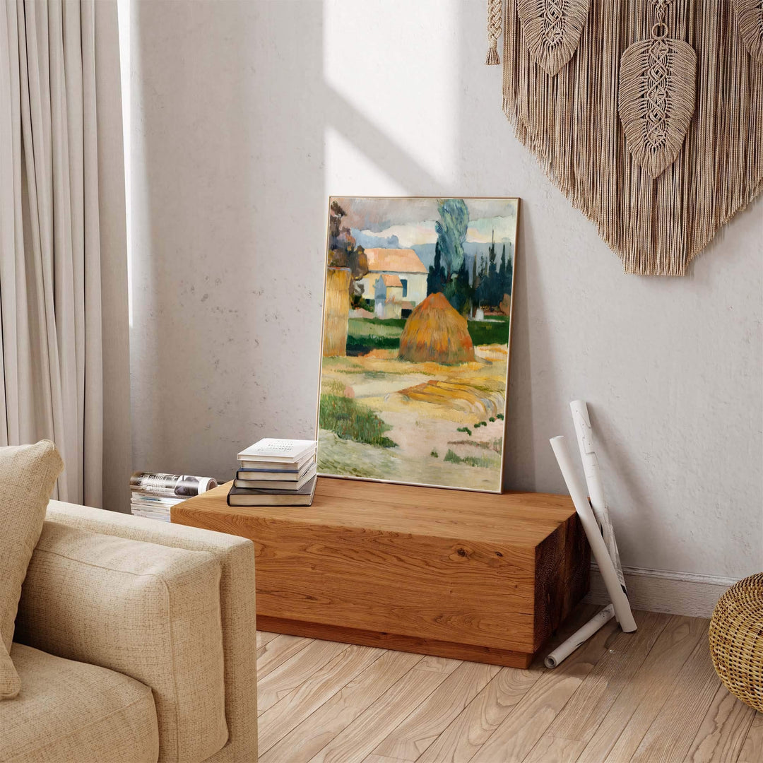 French impressionism landscape print of Paul Gauguin Landscape Near Arles 1888 featuring rustic agricultural scenery in Arles, Provence, France. Explore ready-to-hang framed wall art, unframed paper prints, and gallery canvas decor available directly from MapYourDreams online store.