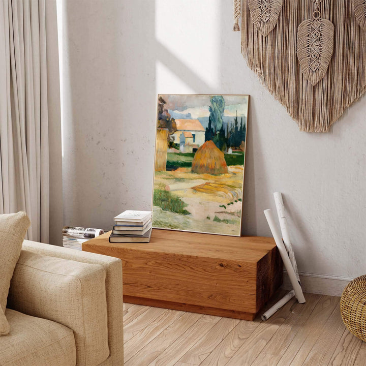 French impressionism landscape print of Paul Gauguin Landscape Near Arles 1888 featuring rustic agricultural scenery in Arles, Provence, France. Explore ready-to-hang framed wall art, unframed paper prints, and gallery canvas decor available directly from MapYourDreams online store.