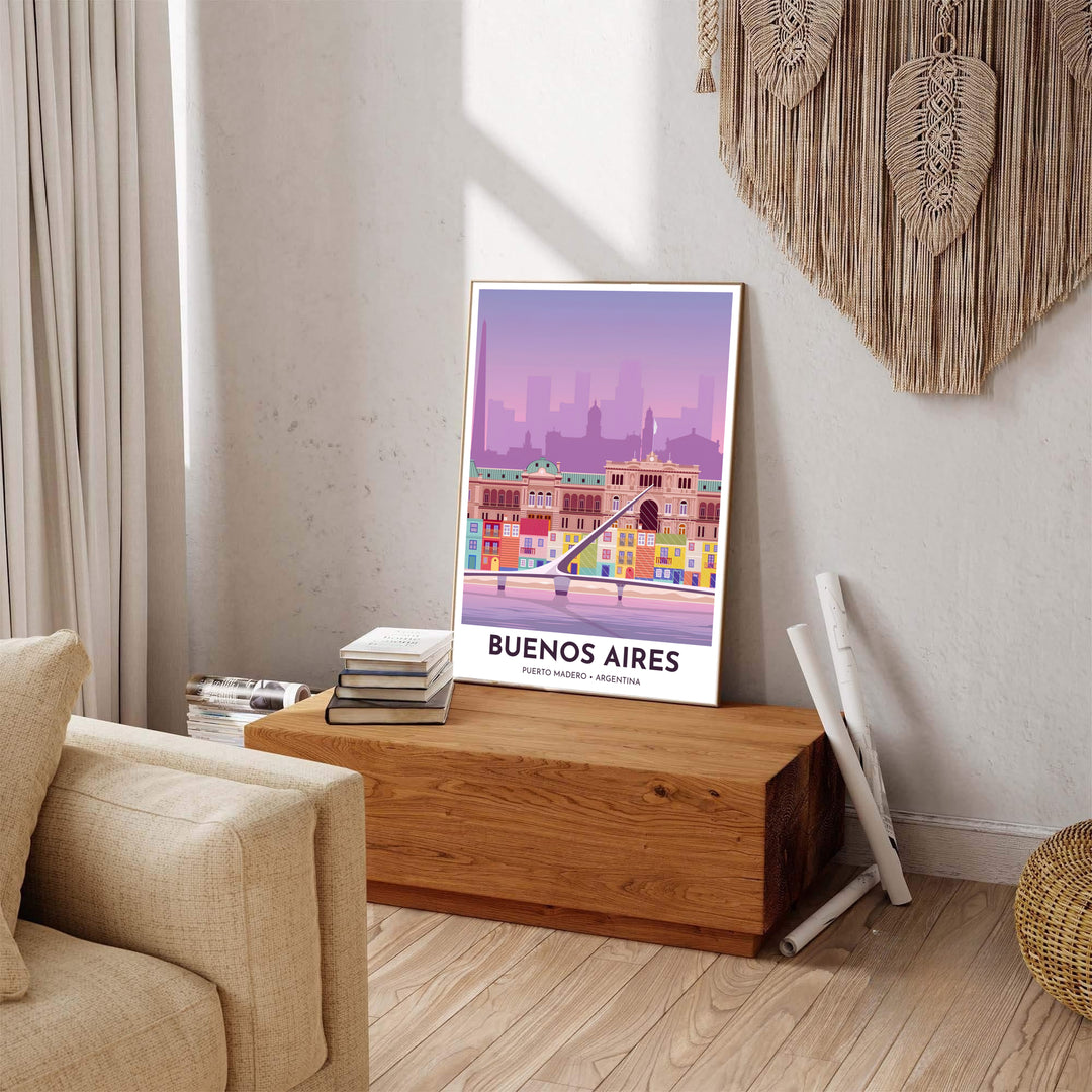 Sweeping across the famous dockland basin of Buenos Aires, this Puerto Madero wall decor highlights colorful facades and soaring city silhouettes, brought to you by MapYourDreams in flexible paper, custom framed, and canvas wrap selections.