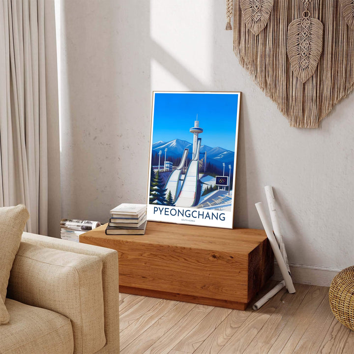 Colorful South Korean travel print displaying a dramatic perspective of the twin ski jump ramps at Alpensia Resort in Pyeongchang, framed by snow-covered evergreens. Offered by MapYourDreams, this artwork is available in flexible options including unframed paper, custom wooden frames, and gallery canvas wraps.