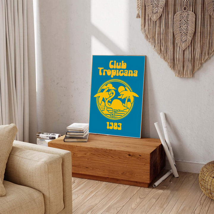 Retro teal and yellow music art print illustrating Club Tropicana 1983 resort branding with a flamingo badge, crafted by MapYourDreams as an unframed poster, stretched gallery canvas, or custom framed poster for workspace interior styling and wall display.