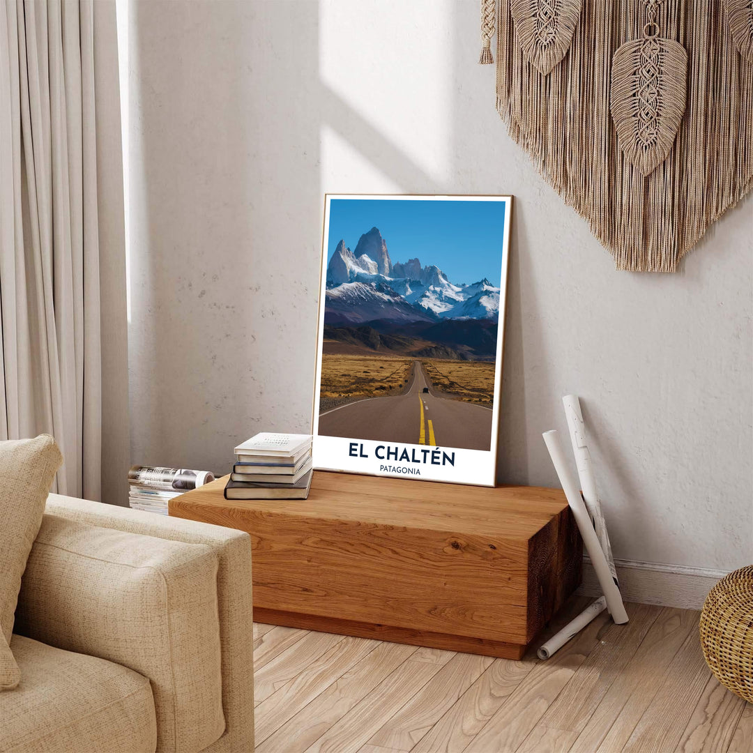 Contrasting golden yellow center lines against slate blue mountain slopes, this El Chaltén print captures the spirit of adventure, carefully crafted by MapYourDreams across unframed prints, wooden framing, and stretched canvas.