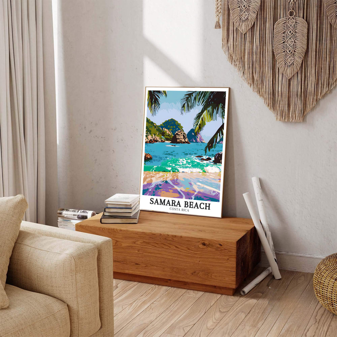 Vintage travel poster aesthetics with vibrant ocean scenery of Samara Beach and Isla Chora shine in this print. MapYourDreams presents quality framed, unframed, and canvas options for decor.
