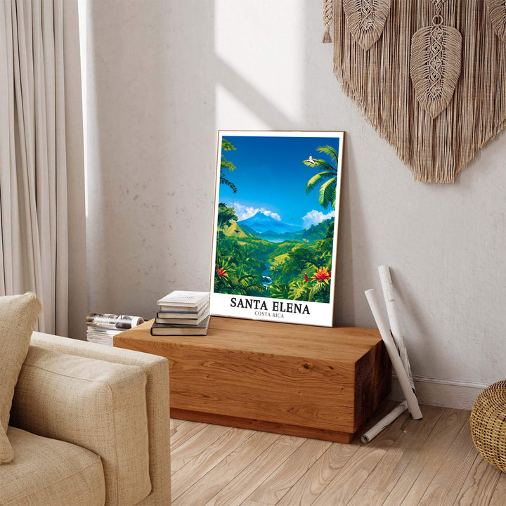 Vintage travel poster aesthetics with vibrant jungle scenery of Santa Elena Cloud forest shine in this print piece. MapYourDreams presents quality framed, unframed, and canvas options for decor.