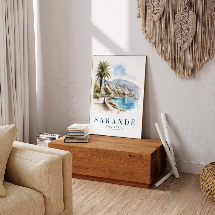 Winding stone walkways and vintage lampposts line the Sarandë waterfront, where tranquil water reflections mirror the brightness of Mediterranean sunlight. Offered by MapYourDreams in tailored options including unframed paper, framed presentations, and canvas wraps.