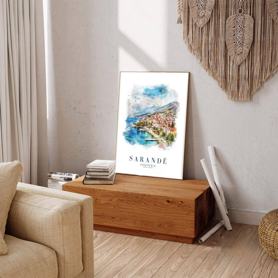 Winding shorelines and historic town foundations line the Sarandë waterfront, where tranquil water reflections mirror the brightness of Mediterranean light. Offered by MapYourDreams in tailored options including unframed paper, framed presentations, and canvas wraps.