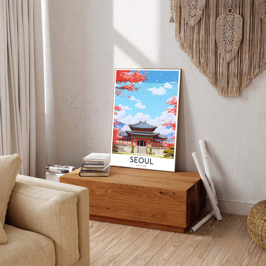Colorful South Korean travel poster of Gyeongbokgung Palace in Seoul, displaying an elevated viewpoint over palace courtyards, stone steps, and blooming pink spring trees. Offered by MapYourDreams, this artwork is available in flexible options including unframed paper, custom wooden frames, and gallery canvas wraps.