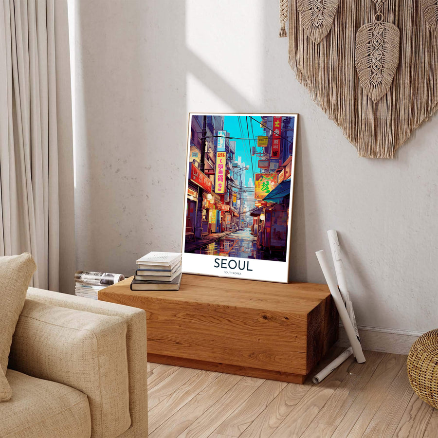 Colorful night travel poster of a commercial street in Seoul, South Korea, displaying an immersive perspective down an alleyway filled with glowing neon signs and reflective rain puddles. Offered by MapYourDreams, this artwork is available in flexible options including unframed paper, custom wooden frames, and gallery canvas wraps.