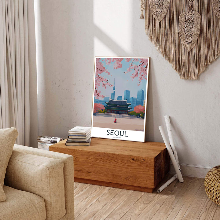 Colorful South Korean travel poster of Gyeongbokgung Palace in Seoul, displaying a peaceful courtyard scene with a red Hanbok figure, spring blossoms, and urban skyline towers. Offered by MapYourDreams, this artwork is available in flexible options including unframed paper, custom wooden frames, and gallery canvas wraps.