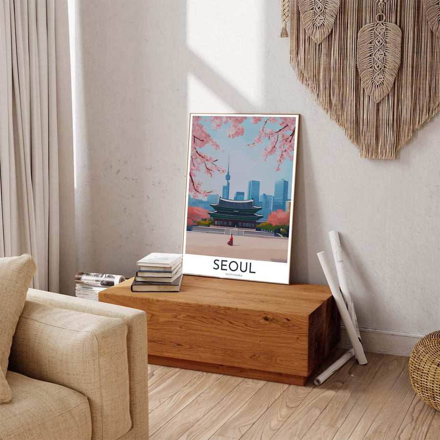 Colorful South Korean travel poster of Gyeongbokgung Palace in Seoul, displaying a peaceful courtyard scene with a red Hanbok figure, spring blossoms, and urban skyline towers. Offered by MapYourDreams, this artwork is available in flexible options including unframed paper, custom wooden frames, and gallery canvas wraps.
