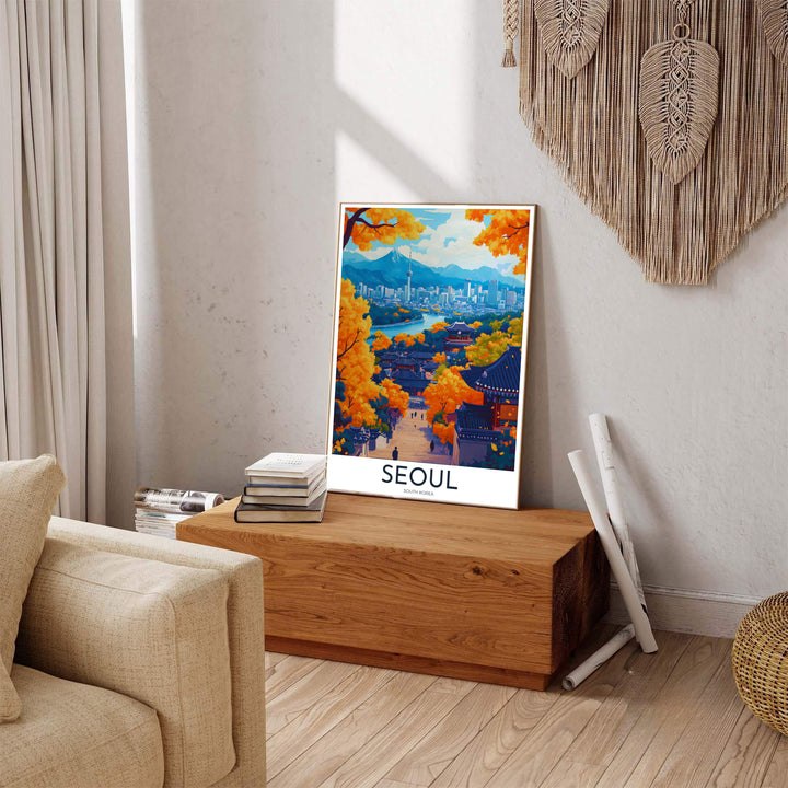 Colorful autumn travel poster of Seoul, South Korea, displaying an elevated vantage point over traditional tiled roofs, bright amber trees, the Han River, and distant high-rise towers. Offered by MapYourDreams, this artwork is available in flexible options including unframed paper, custom wooden frames, and gallery canvas wraps.