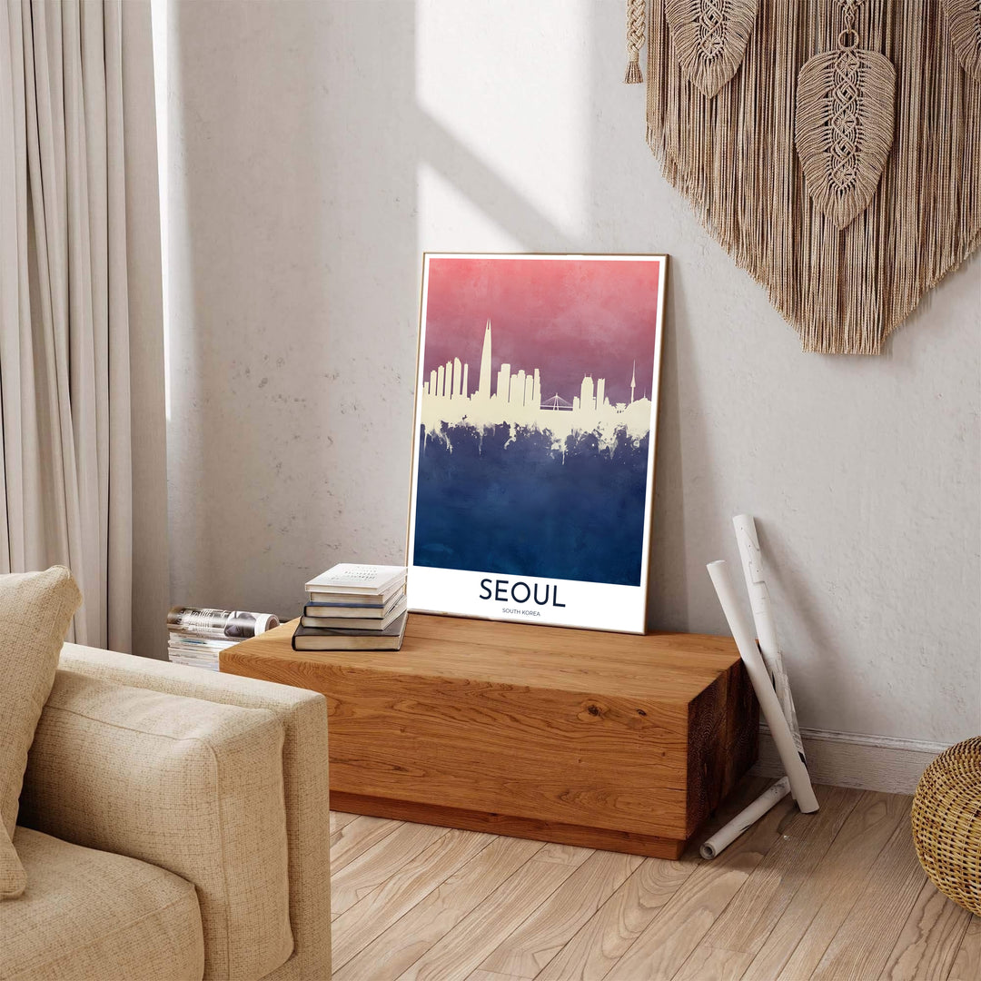 Sunset reflection skyline poster showcasing Lotte World Tower and river bridges in Seoul, South Korea, rendered in soft watercolor gradient tones. Offered by MapYourDreams, this artwork is available in flexible options including unframed paper, custom wooden frames, and gallery canvas wraps.