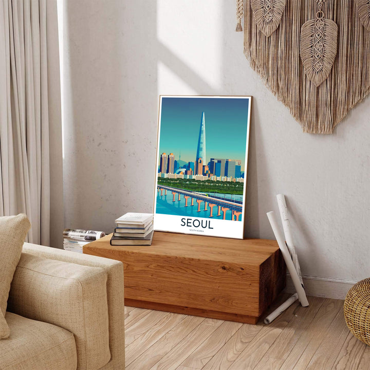 Colorful cityscape wall decor capturing the bustling metropolis of Seoul across the Han River, available at MapYourDreams as fine art prints, custom framed options, and premium wrapped canvas.