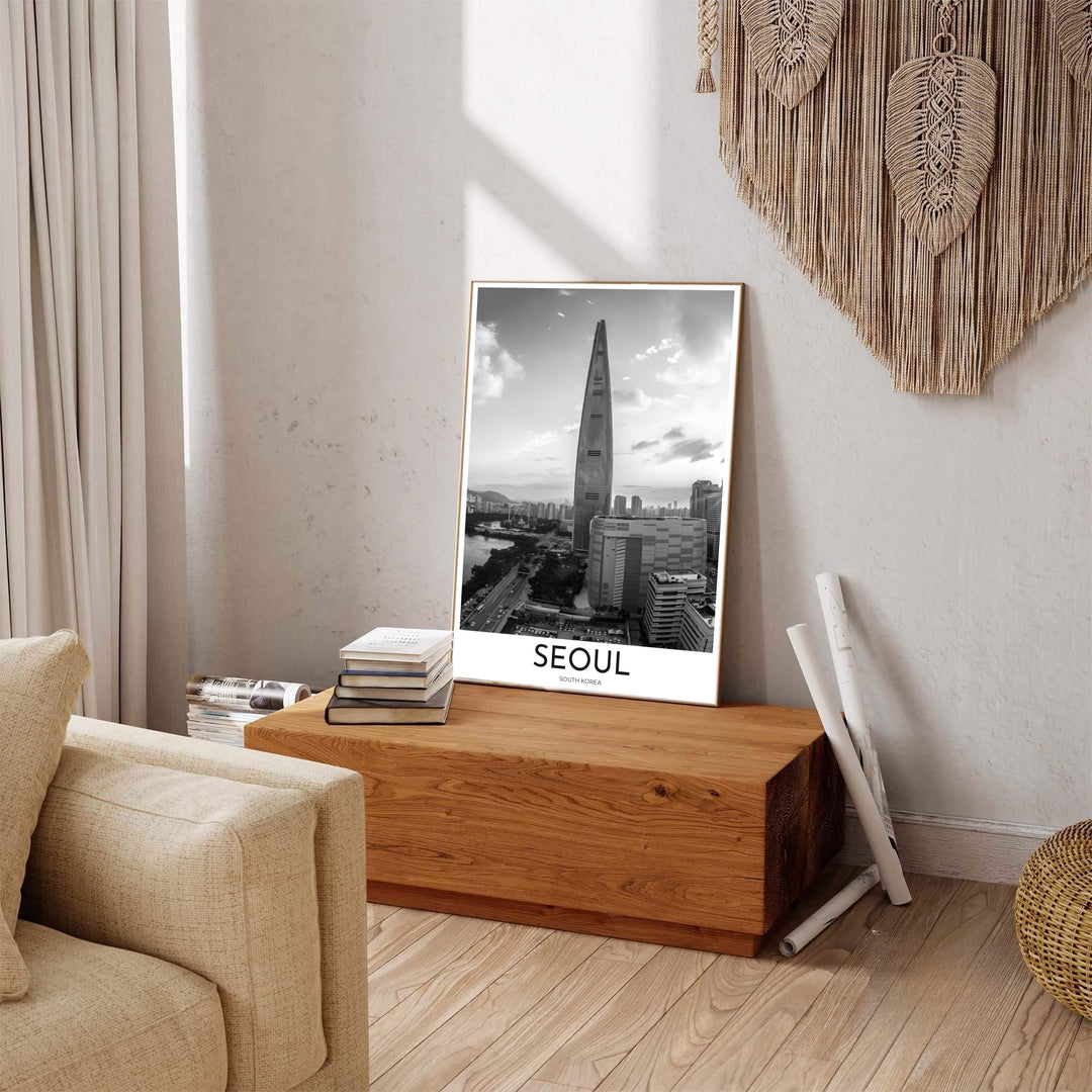 Monochrome architectural photo print detailing the glass facade of Lotte World Tower in Seoul South Korea, distributed by MapYourDreams in varied forms including unframed poster paper, sleek frames, and wrapped canvas to suit everything from cozy apartments to large office suites.