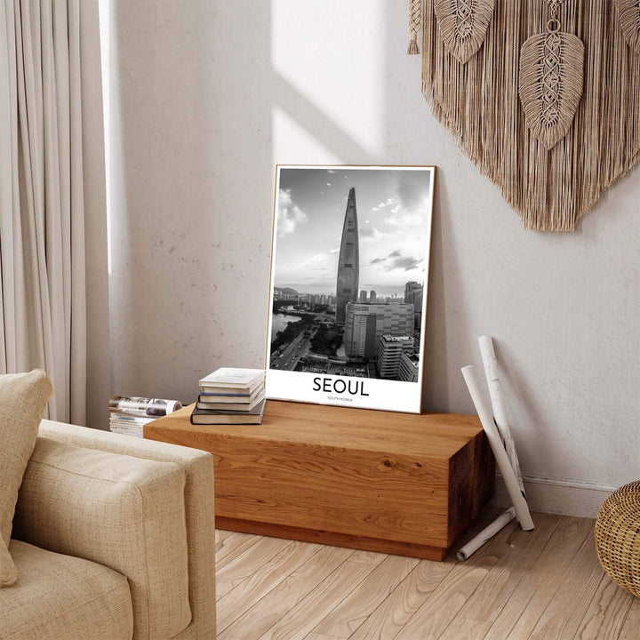 Monochrome architectural photo print detailing the glass facade of Lotte World Tower in Seoul South Korea, distributed by MapYourDreams in varied forms including unframed poster paper, sleek frames, and wrapped canvas to suit everything from cozy apartments to large office suites.