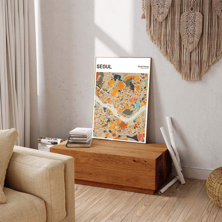 Captivating warm beige city map poster highlighting the geographic beauty of Seoul, South Korea, styled by MapYourDreams in flexible options including unframed archival paper, dark wood frames, and gallery canvas formats engineered for lasting aesthetic appeal.