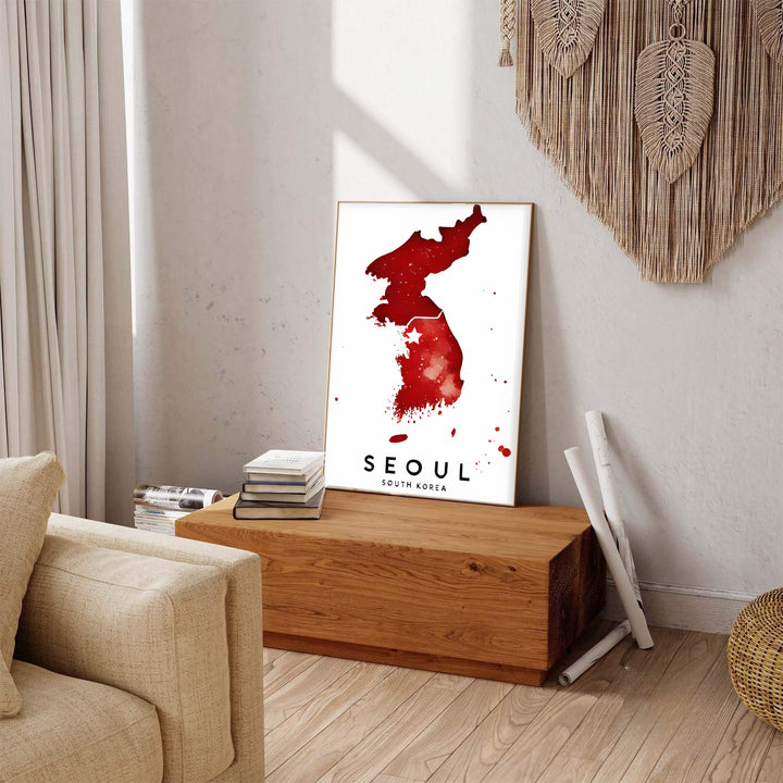 Captivating red watercolor peninsula poster highlighting the geographic heart of Seoul, South Korea, styled by MapYourDreams in flexible options including unframed archival paper, dark wood frames, and gallery canvas formats engineered for lasting aesthetic appeal.