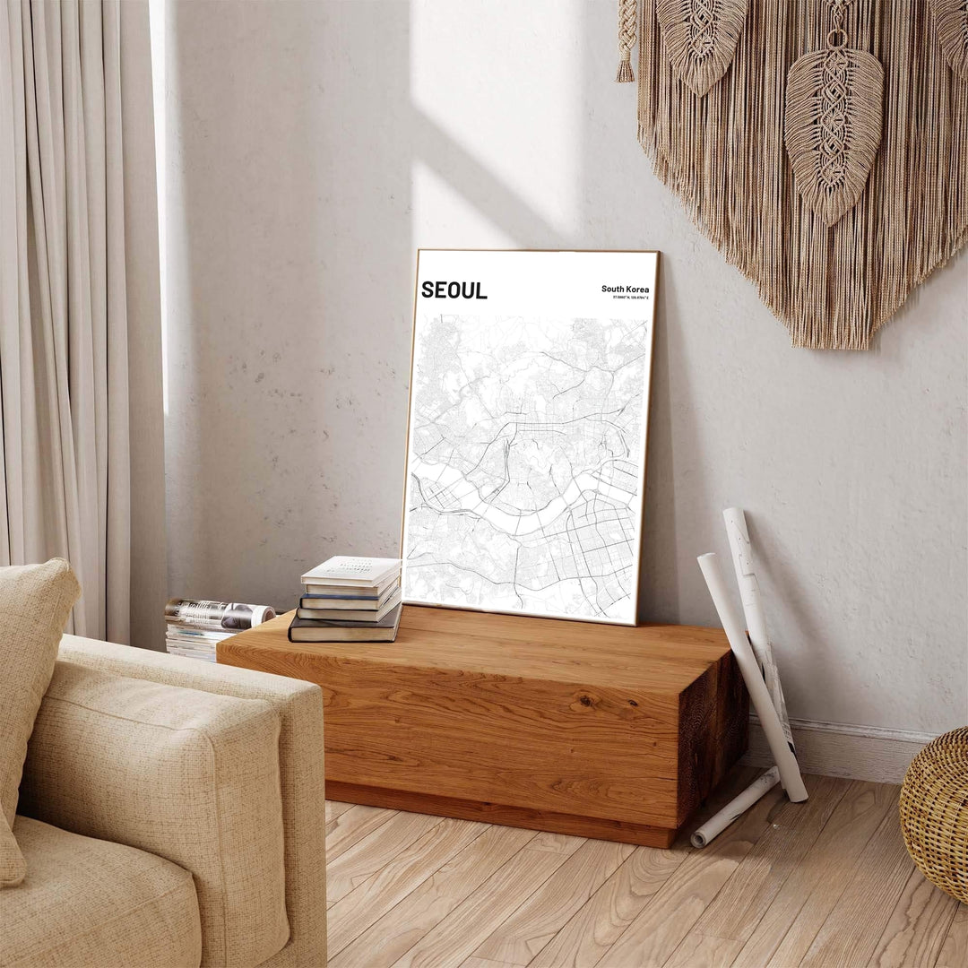 Minimalist road network city map print highlighting the capital city of seoul south korea with coordinates, distributed by MapYourDreams in varied forms including unframed poster paper, sleek frames, and wrapped canvas designed to suit any contemporary layout.