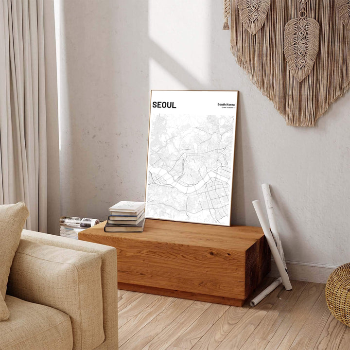 Minimalist road network city map print highlighting the capital city of seoul south korea with coordinates, distributed by MapYourDreams in varied forms including unframed poster paper, sleek frames, and wrapped canvas designed to suit any contemporary layout.