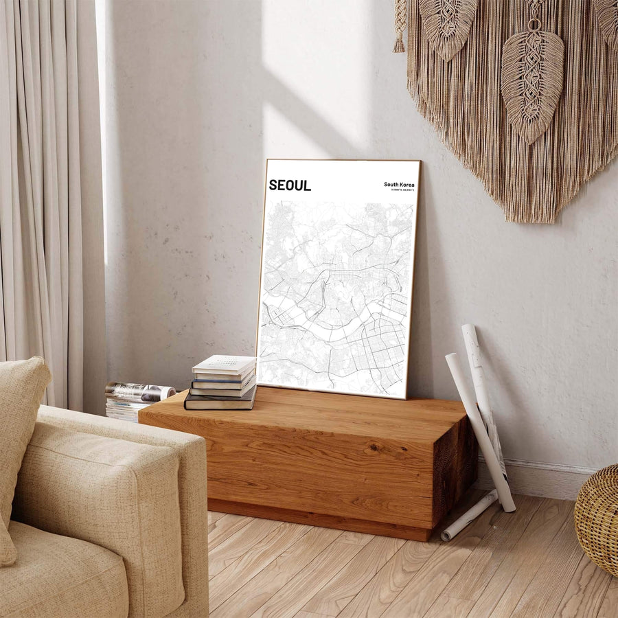 Minimalist road network city map print highlighting the capital city of seoul south korea with coordinates, distributed by MapYourDreams in varied forms including unframed poster paper, sleek frames, and wrapped canvas designed to suit any contemporary layout.
