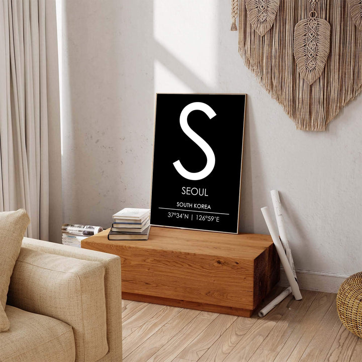 Minimalist letter S initial city print highlighting seoul south korea with geographical coordinates, distributed by MapYourDreams in varied forms including unframed poster paper, sleek frames, and wrapped canvas designed to suit any contemporary layout.