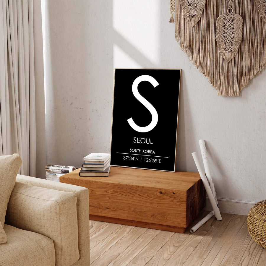 Minimalist letter S initial city print highlighting seoul south korea with geographical coordinates, distributed by MapYourDreams in varied forms including unframed poster paper, sleek frames, and wrapped canvas designed to suit any contemporary layout.