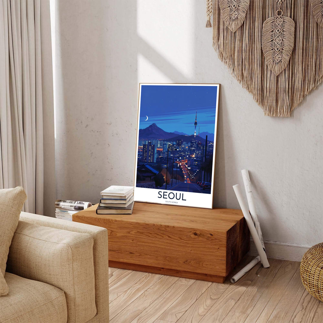 Captivating evening city skyline poster highlighting N Seoul Tower against a starry twilight sky in South Korea, styled by MapYourDreams in flexible options including unframed archival paper, dark wood frames, and gallery canvas formats engineered for lasting visual appeal.