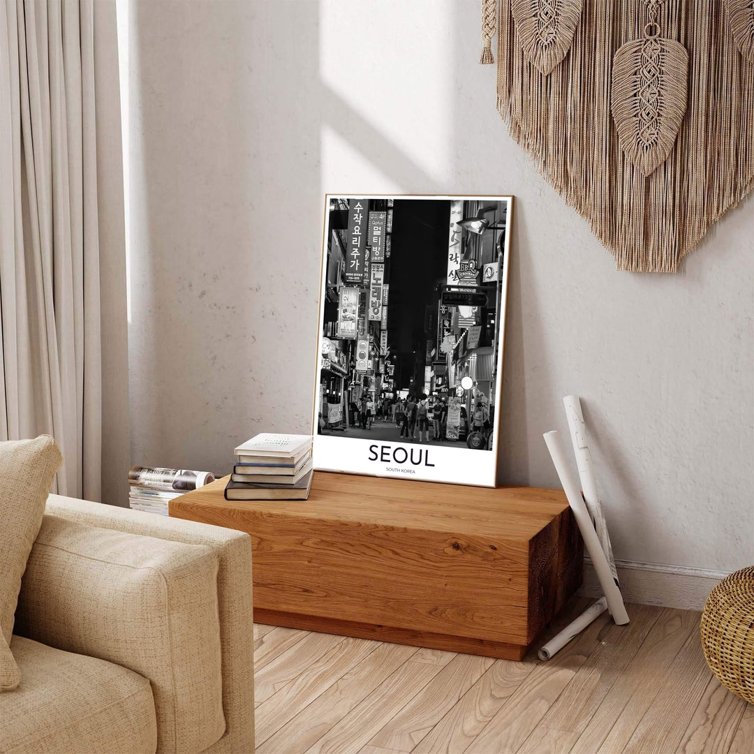 Noir urban photography print detailing a narrow nightlife street and Hangul signs in Seoul South Korea, distributed by MapYourDreams in varied forms including unframed poster paper, sleek frames, and wrapped canvas to suit any interior wall layout.