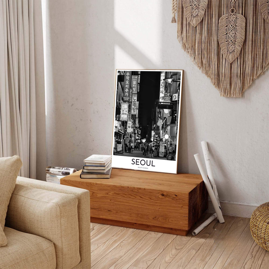 Noir urban photography print detailing a narrow nightlife street and Hangul signs in Seoul South Korea, distributed by MapYourDreams in varied forms including unframed poster paper, sleek frames, and wrapped canvas to suit any interior wall layout.
