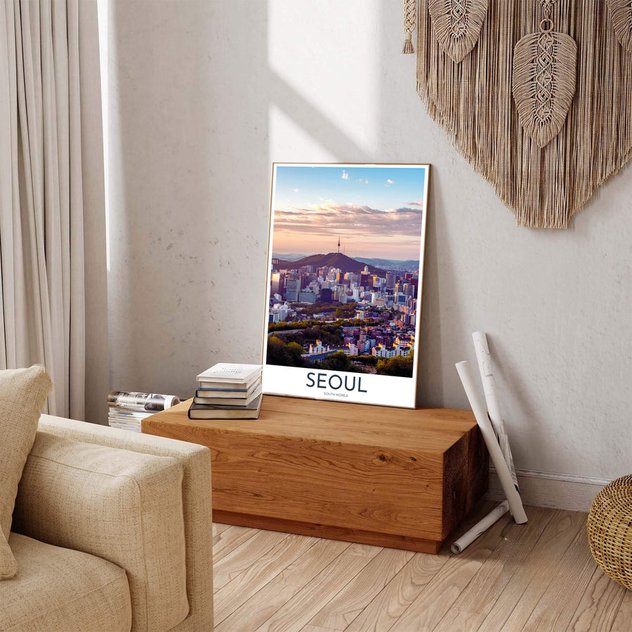 Contemporary sunset cityscape photo print depicting the peaceful evening panorama of Seoul South Korea, presented by MapYourDreams in customizable choices like unframed paper, gold framing, and gallery canvas created to enrich modern living rooms and workspace areas.