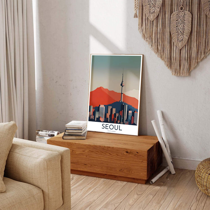 Minimalist graphic print detailing geometric high-rises, terracotta slopes, and N Seoul Tower in Seoul South Korea, distributed by MapYourDreams in varied forms including unframed poster paper, sleek frames, and wrapped canvas to suit any interior wall layout.