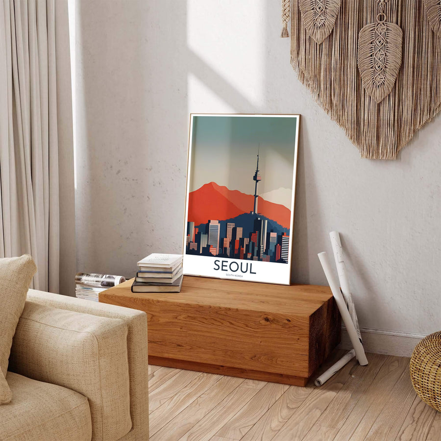 Minimalist graphic print detailing geometric high-rises, terracotta slopes, and N Seoul Tower in Seoul South Korea, distributed by MapYourDreams in varied forms including unframed poster paper, sleek frames, and wrapped canvas to suit any interior wall layout.