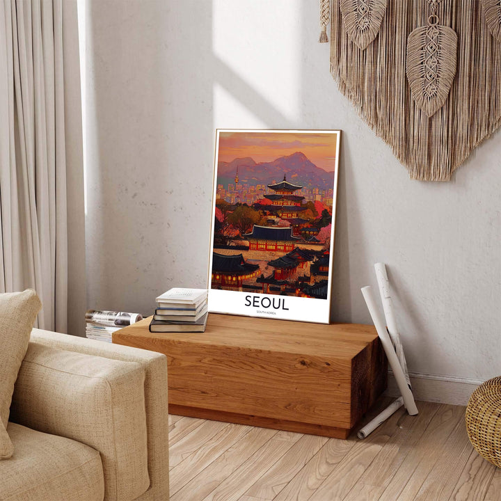 Scenic painterly print detailing illuminated historic courtyards, pagoda tiers, and distant mountains in Seoul South Korea, distributed by MapYourDreams in varied forms including unframed poster paper, sleek frames, and wrapped canvas to suit any interior wall layout.