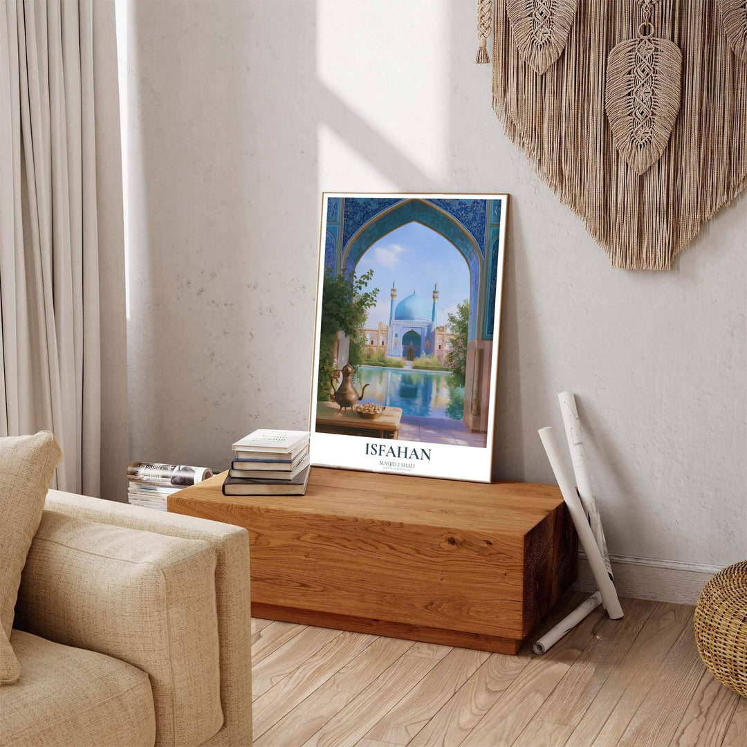 Scenic Isfahan poster displaying Shah Mosque artwork with clean typography and geographic details at the bottom. Offered by MapYourDreams, this artwork is available in flexible options including unframed paper, custom wooden frames, and gallery canvas wraps to enhance any wall space.