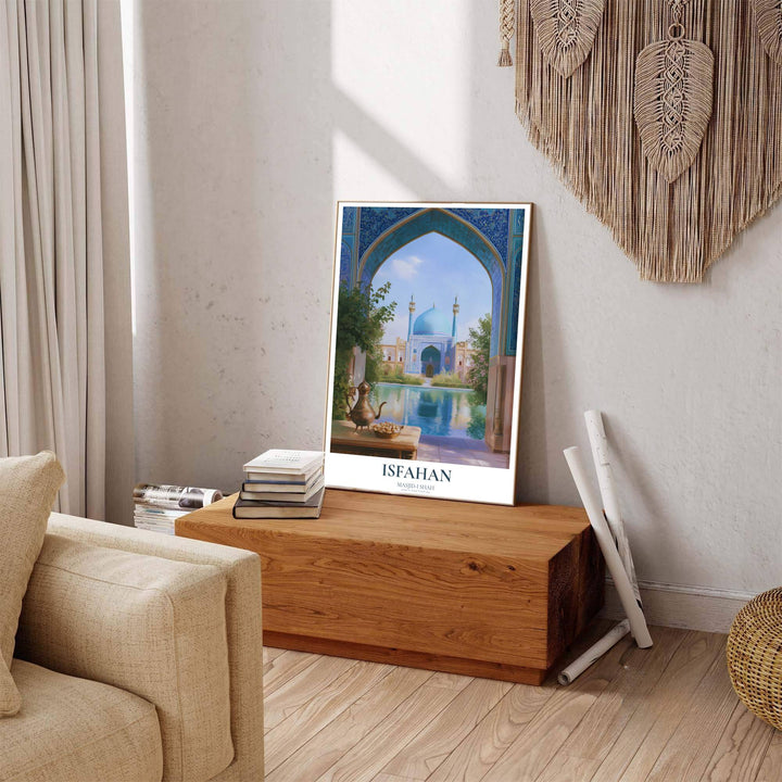 Scenic Isfahan poster displaying Shah Mosque artwork with clean typography and geographic details at the bottom. Offered by MapYourDreams, this artwork is available in flexible options including unframed paper, custom wooden frames, and gallery canvas wraps to enhance any wall space.